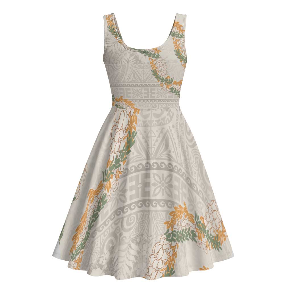 Aloha Pakalana and Puakenikeni Lei Midi Dress Beige Hawaiian Pattern - Polynesian Pride