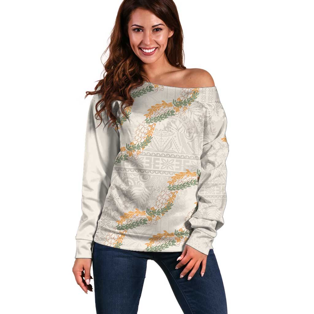 Aloha Pakalana and Puakenikeni Lei Off Shoulder Sweater Beige Hawaiian Pattern