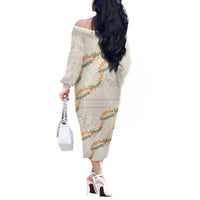 Aloha Pakalana and Puakenikeni Lei Off The Shoulder Long Sleeve Dress Beige Hawaiian Pattern