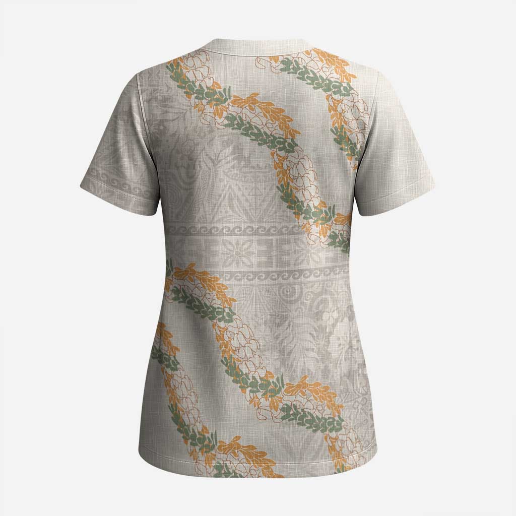 Aloha Pakalana and Puakenikeni Lei Scrub Top Beige Hawaiian Pattern - Polynesian Pride