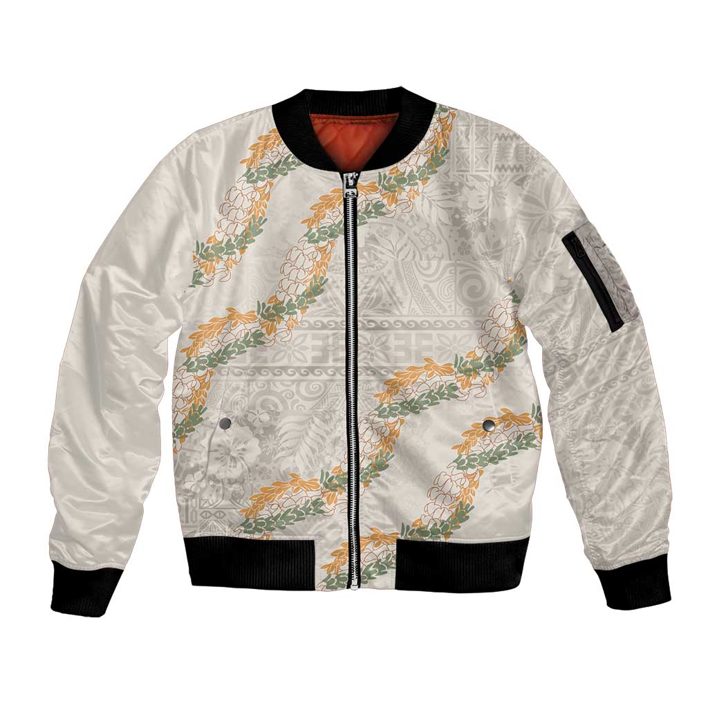 Aloha Pakalana and Puakenikeni Lei Sleeve Zip Bomber Jacket Beige Hawaiian Pattern