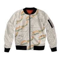 Aloha Pakalana and Puakenikeni Lei Sleeve Zip Bomber Jacket Beige Hawaiian Pattern