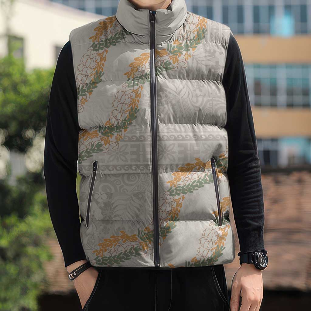 Aloha Pakalana and Puakenikeni Lei Sleeveless Puffer Jacket Beige Hawaiian Pattern LT9 - Polynesian Pride