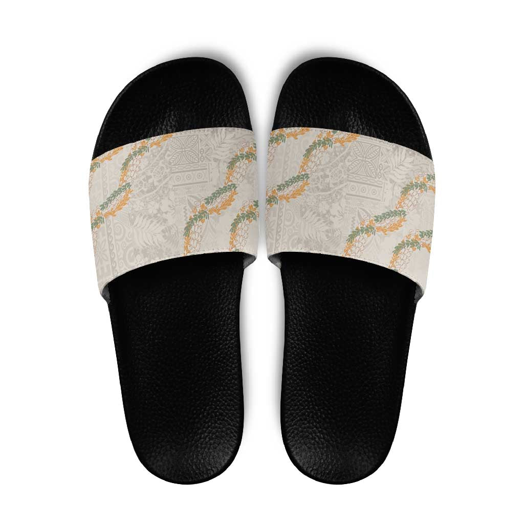 Aloha Pakalana and Puakenikeni Lei Slide Sandals Beige Hawaiian Pattern - Polynesian Pride