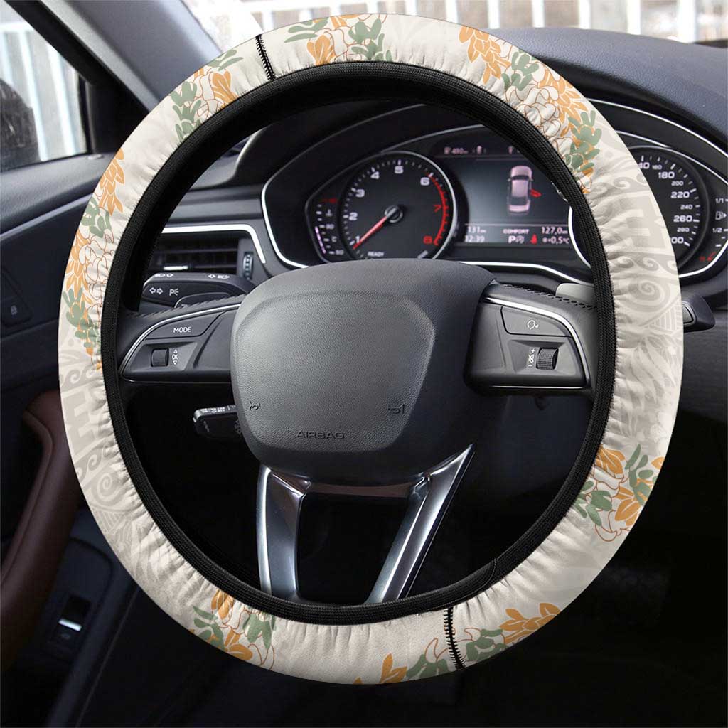 Aloha Pakalana and Puakenikeni Lei Steering Wheel Cover Beige Hawaiian Pattern
