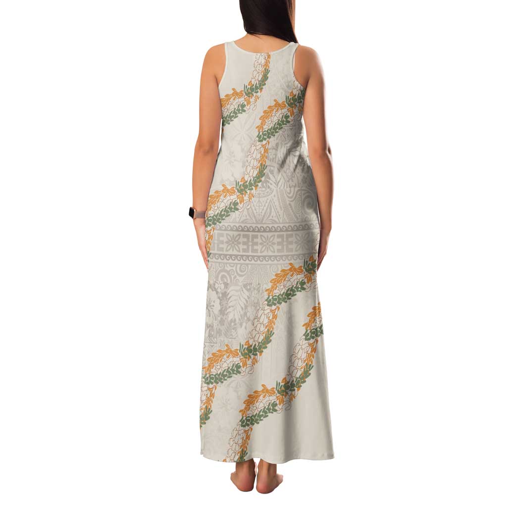 Aloha Pakalana and Puakenikeni Lei Tank Maxi Dress Beige Hawaiian Pattern