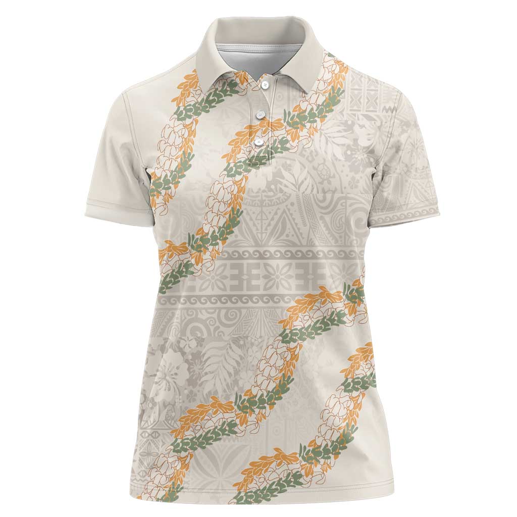 Aloha Pakalana and Puakenikeni Lei Women Polo Shirt Beige Hawaiian Pattern