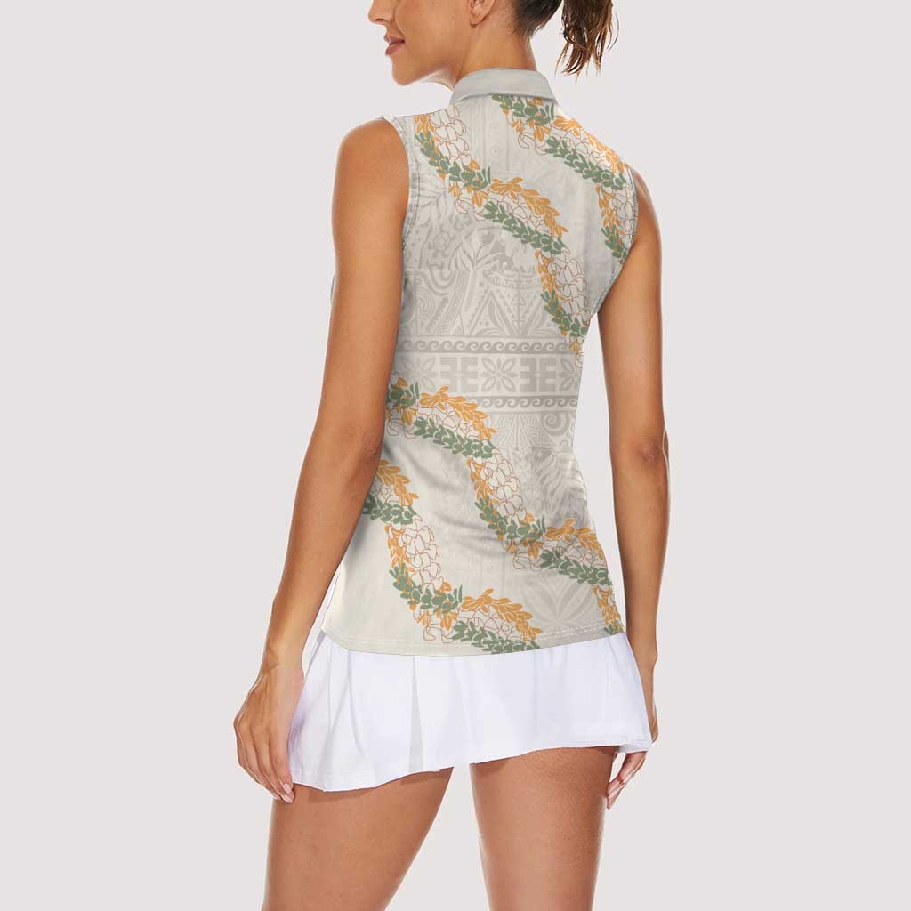 Aloha Pakalana and Puakenikeni Lei Women Sleeveless Polo Shirt Beige Hawaiian Pattern