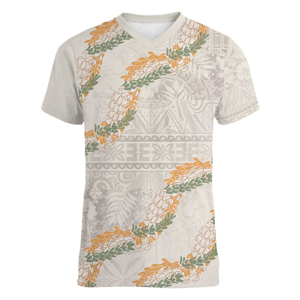 Aloha Pakalana and Puakenikeni Lei Women V-Neck T-Shirt Beige Hawaiian Pattern