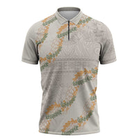 Aloha Pakalana and Puakenikeni Lei Zipper Polo Shirt Beige Hawaiian Pattern - Polynesian Pride