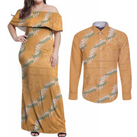 Aloha Pakalana and Puakenikeni Lei Couples Matching Off Shoulder Maxi Dress and Long Sleeve Button Shirt Gold Hawaiian Pattern