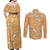 Aloha Pakalana and Puakenikeni Lei Couples Matching Off Shoulder Maxi Dress and Long Sleeve Button Shirt Gold Hawaiian Pattern