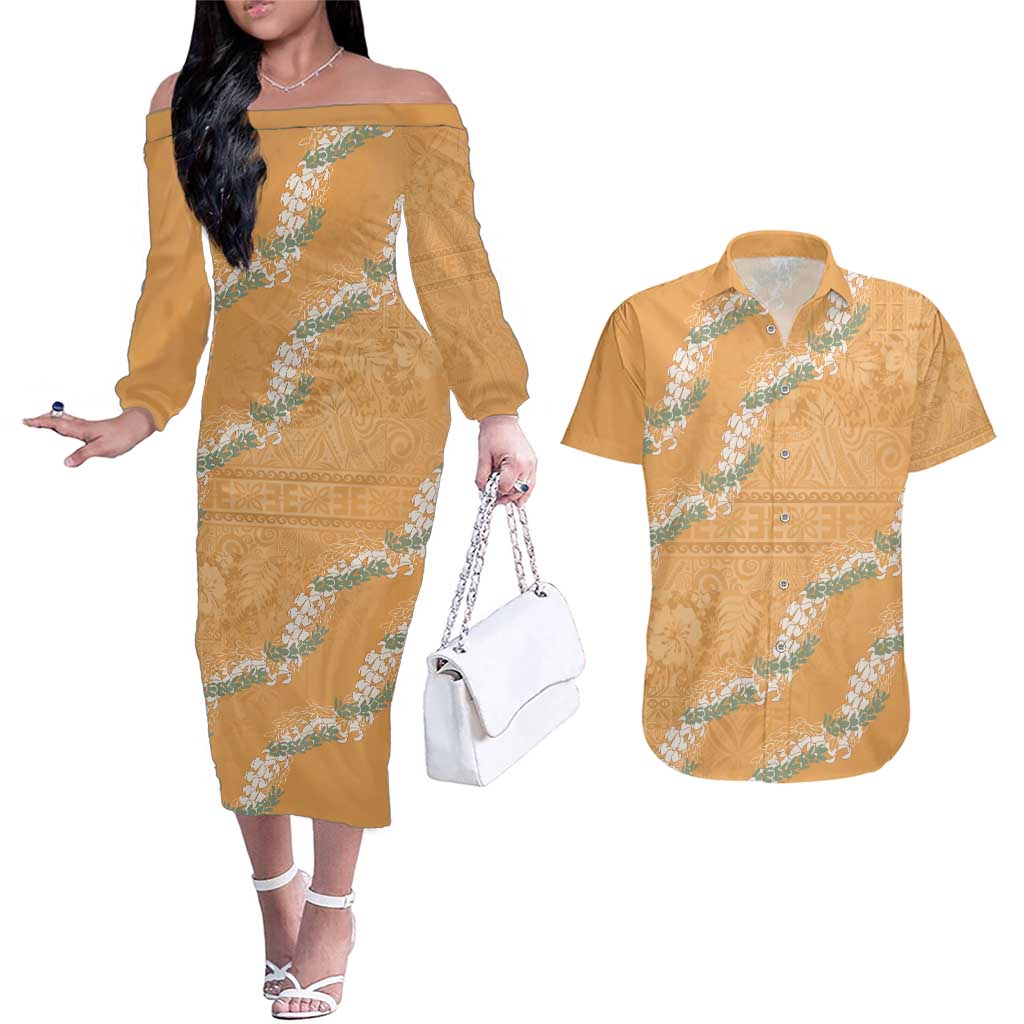 Aloha Pakalana and Puakenikeni Lei Couples Matching Off The Shoulder Long Sleeve Dress and Hawaiian Shirt Gold Hawaiian Pattern