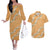 Aloha Pakalana and Puakenikeni Lei Couples Matching Off The Shoulder Long Sleeve Dress and Hawaiian Shirt Gold Hawaiian Pattern