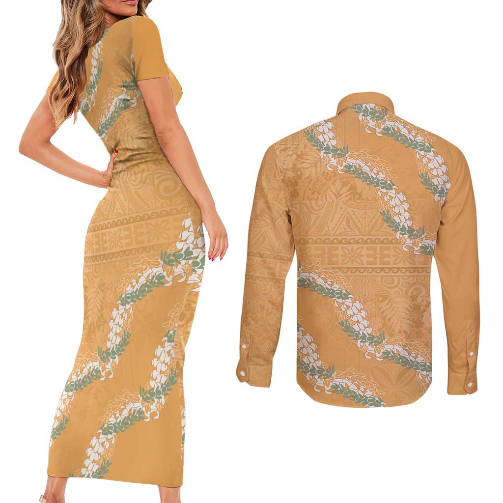 Aloha Pakalana and Puakenikeni Lei Couples Matching Short Sleeve Bodycon Dress and Long Sleeve Button Shirt Gold Hawaiian Pattern