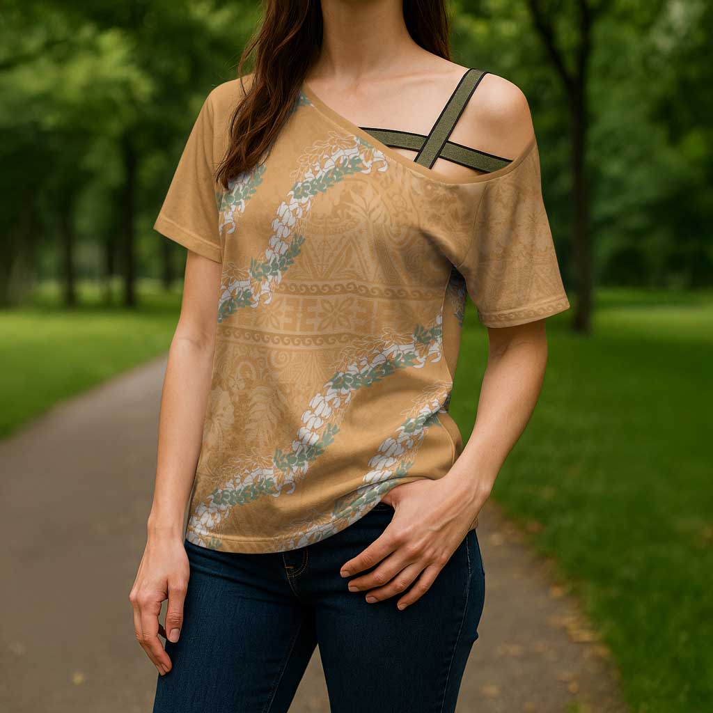 Aloha Pakalana and Puakenikeni Lei Cross Shoulder Shirt Gold Hawaiian Pattern LT9 - Polynesian Pride