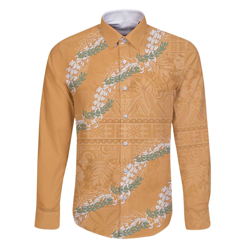 Aloha Pakalana and Puakenikeni Lei Family Matching Mermaid Dress and Hawaiian Shirt Gold Hawaiian Pattern