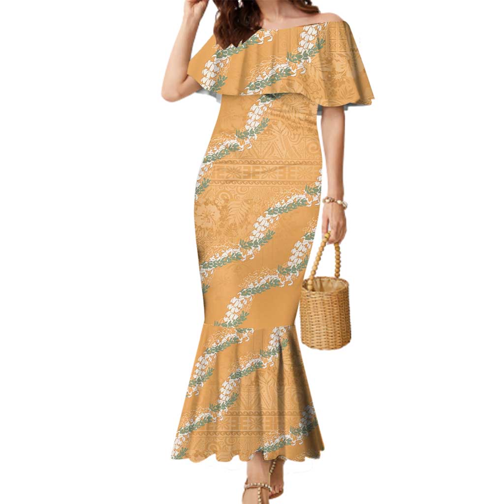 Aloha Pakalana and Puakenikeni Lei Family Matching Mermaid Dress and Hawaiian Shirt Gold Hawaiian Pattern