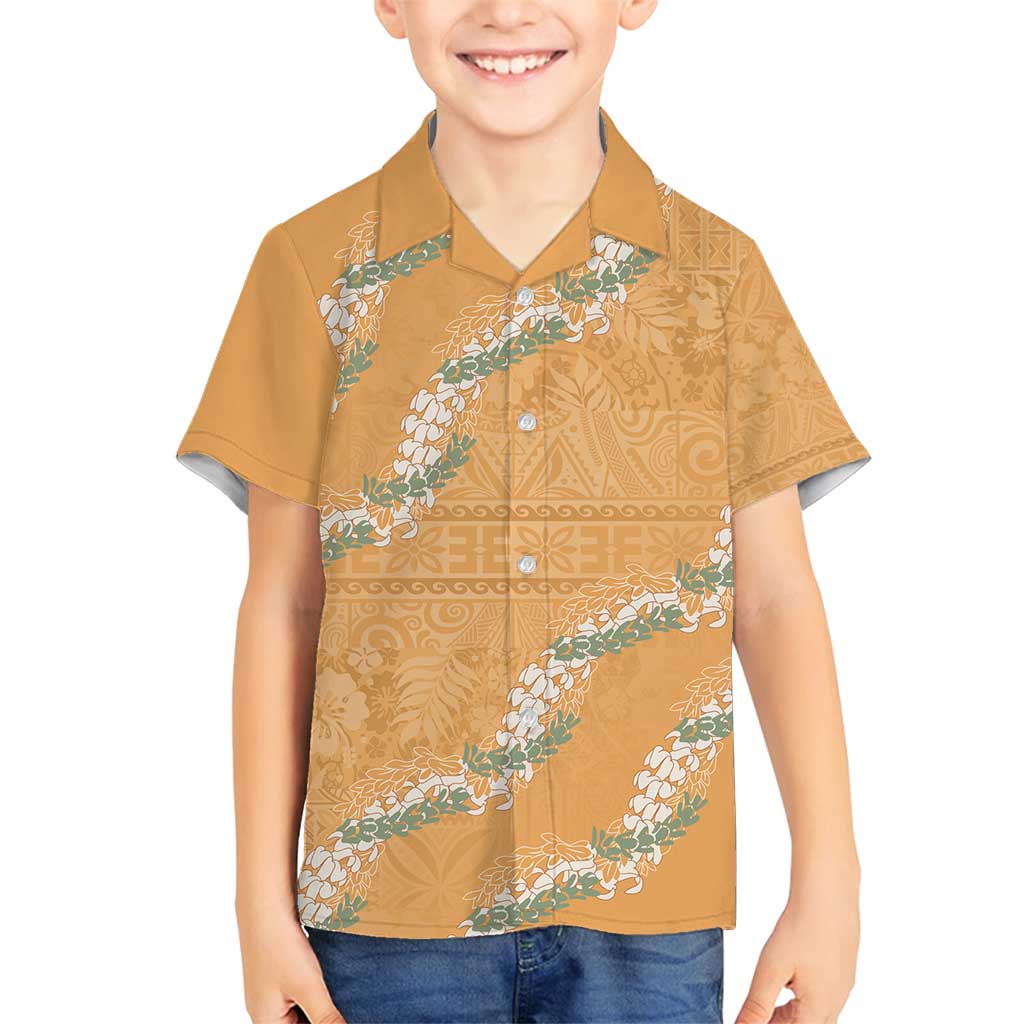 Aloha Pakalana and Puakenikeni Lei Family Matching Off Shoulder Maxi Dress and Hawaiian Shirt Gold Hawaiian Pattern