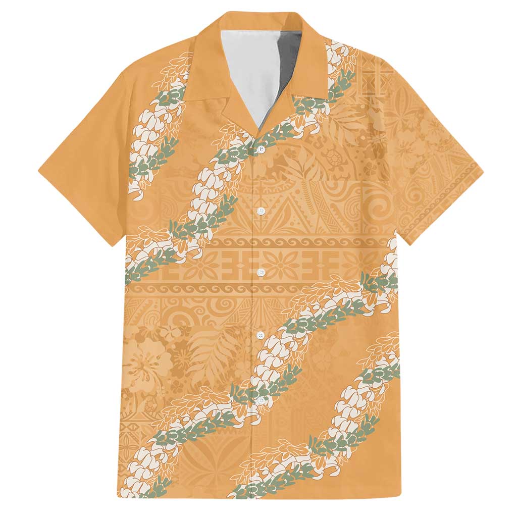 Aloha Pakalana and Puakenikeni Lei Family Matching Short Sleeve Bodycon Dress and Hawaiian Shirt Gold Hawaiian Pattern