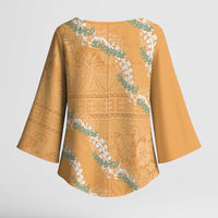 Aloha Pakalana and Puakenikeni Lei Kimono Sleeve Blouse Gold Hawaiian Pattern - Polynesian Pride