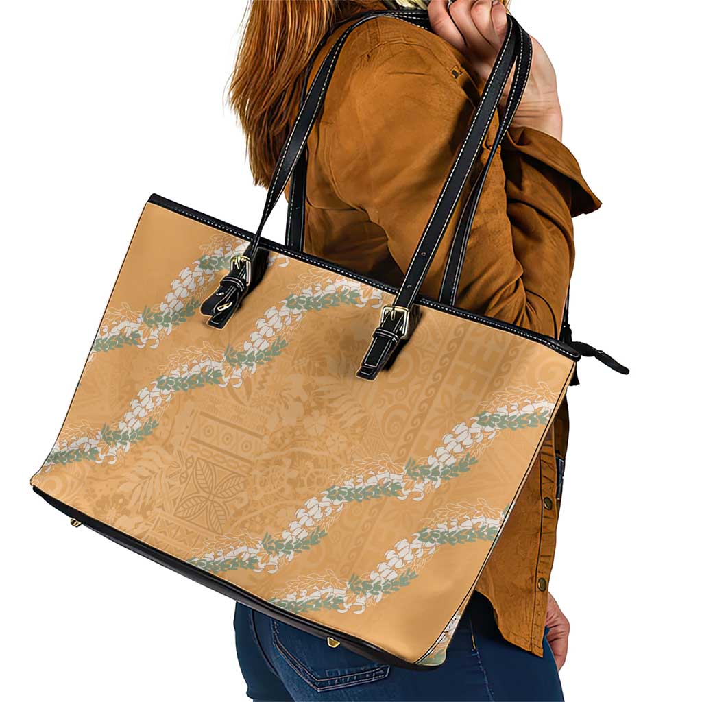 Aloha Pakalana and Puakenikeni Lei Leather Tote Bag Gold Hawaiian Pattern