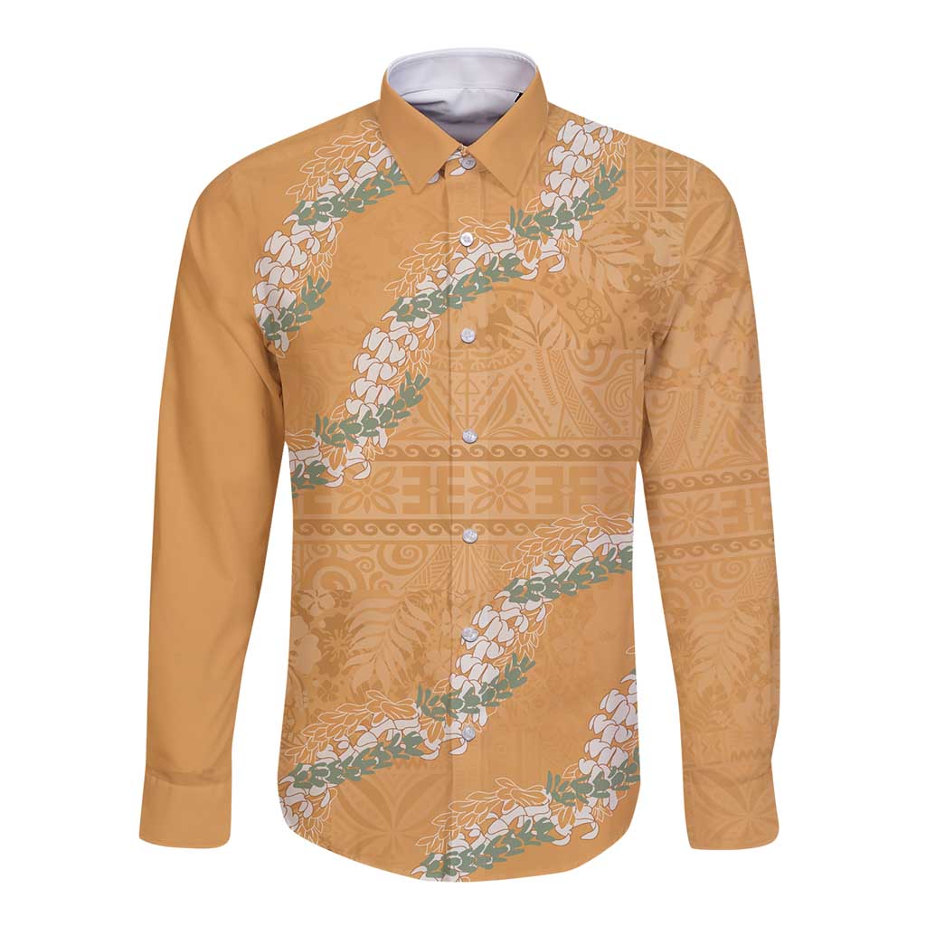 Aloha Pakalana and Puakenikeni Lei Long Sleeve Button Shirt Gold Hawaiian Pattern LT9 Unisex Gold - Polynesian Pride