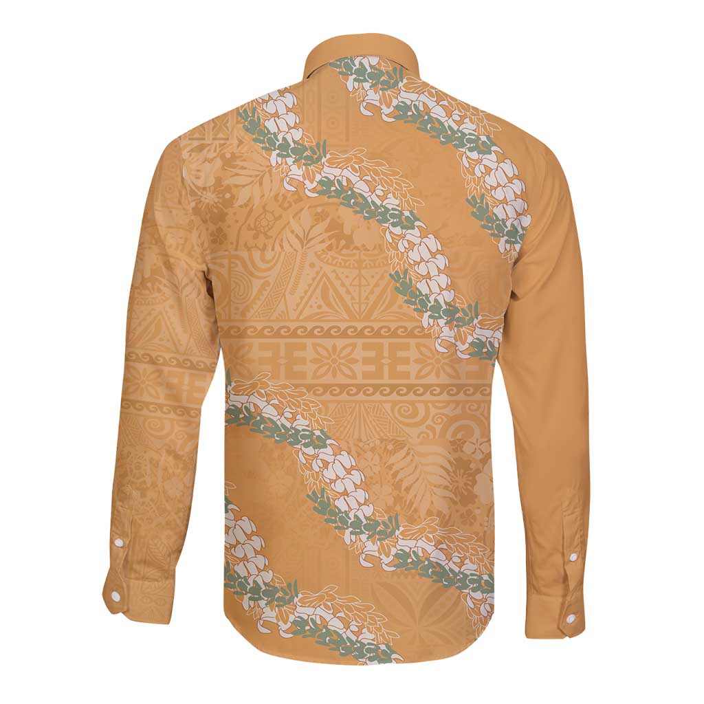 Aloha Pakalana and Puakenikeni Lei Long Sleeve Button Shirt Gold Hawaiian Pattern LT9 - Polynesian Pride