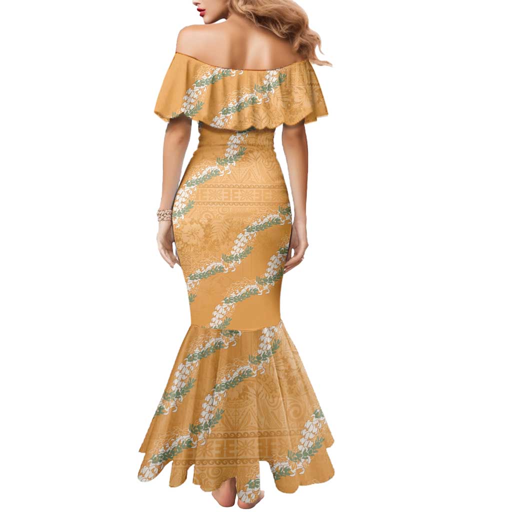 Aloha Pakalana and Puakenikeni Lei Mermaid Dress Gold Hawaiian Pattern