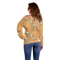 Aloha Pakalana and Puakenikeni Lei Off Shoulder Sweater Gold Hawaiian Pattern
