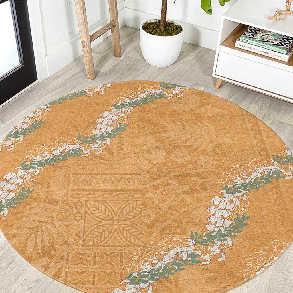 Aloha Pakalana and Puakenikeni Lei Round Carpet Gold Hawaiian Pattern