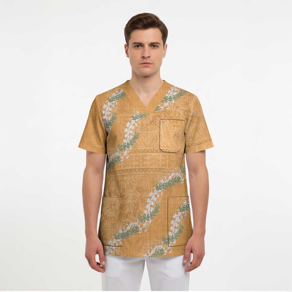 Aloha Pakalana and Puakenikeni Lei Scrub Top Gold Hawaiian Pattern - Polynesian Pride