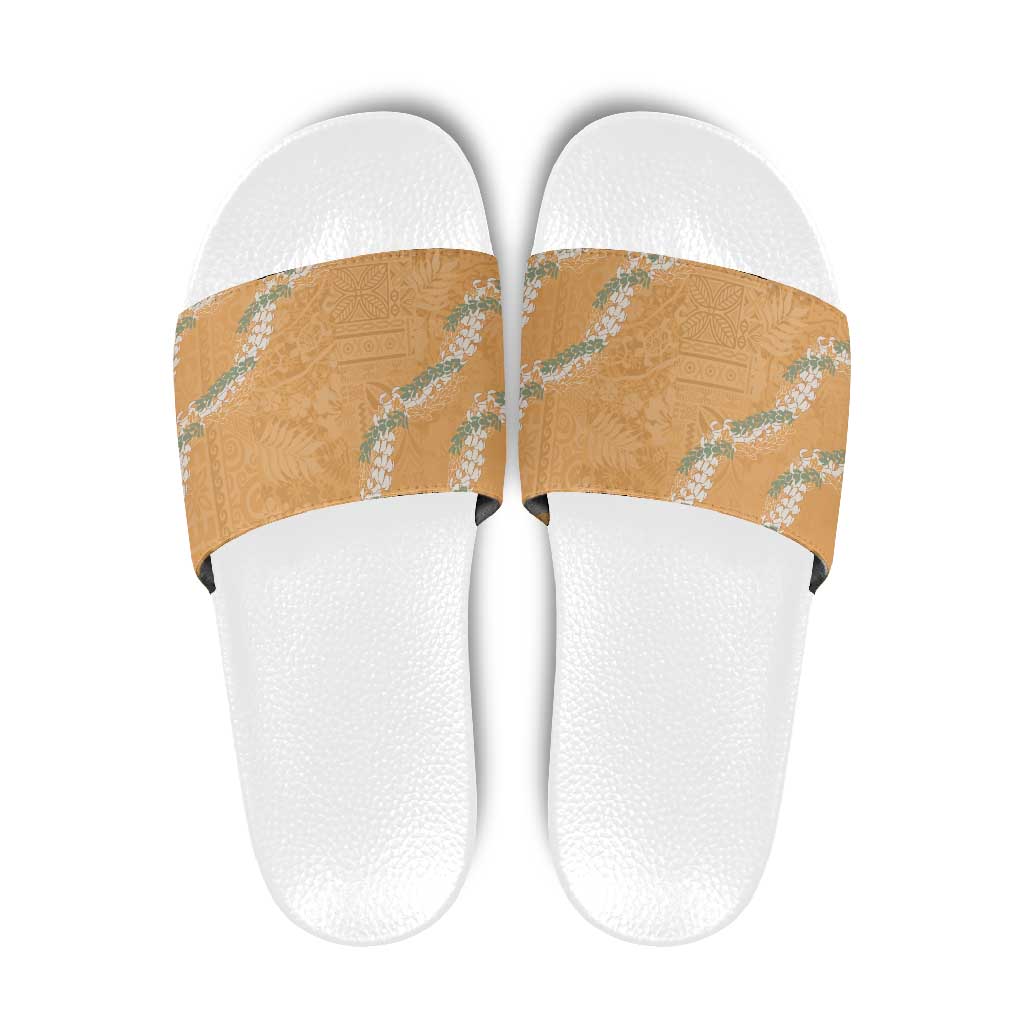Aloha Pakalana and Puakenikeni Lei Slide Sandals Gold Hawaiian Pattern - Polynesian Pride