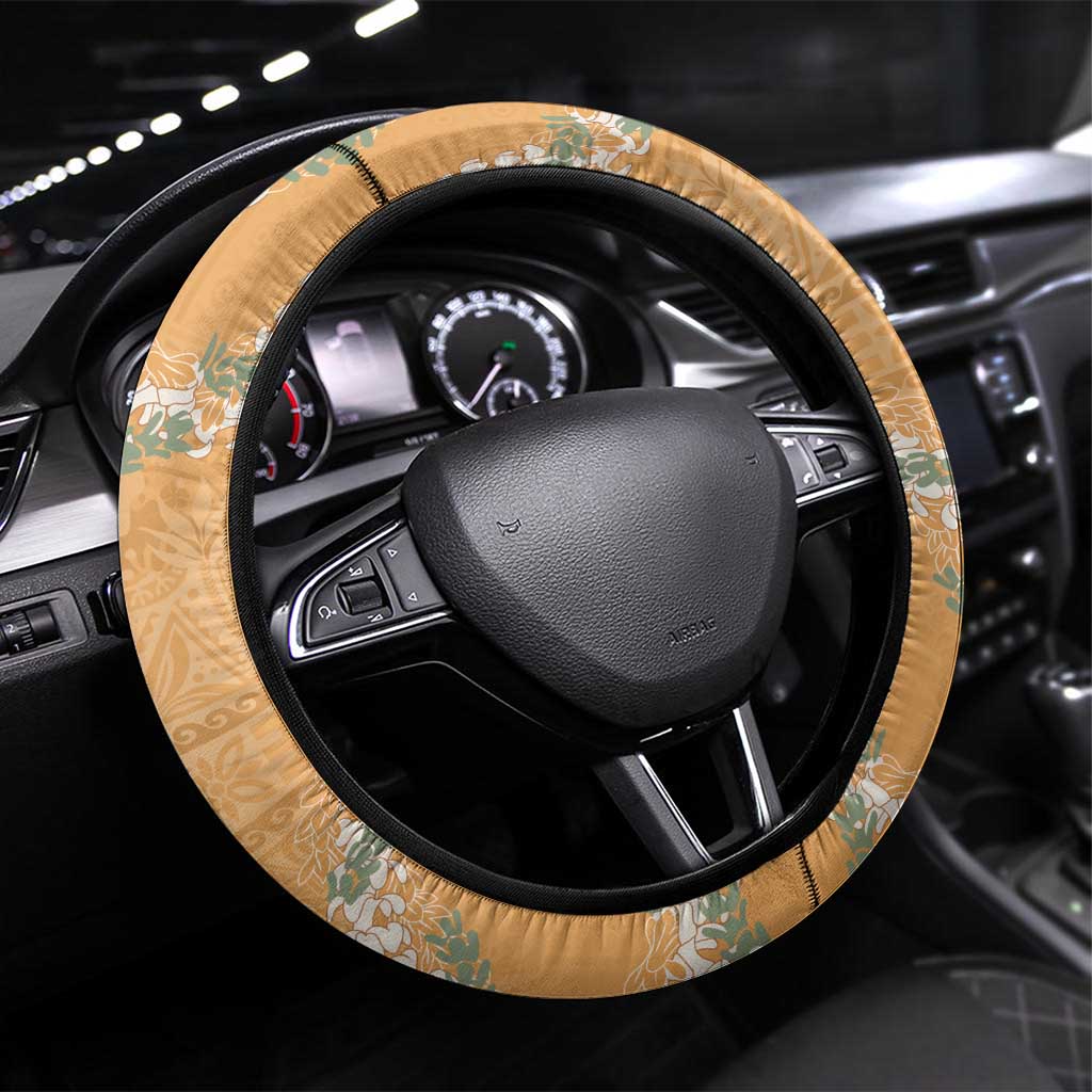 Aloha Pakalana and Puakenikeni Lei Steering Wheel Cover Gold Hawaiian Pattern