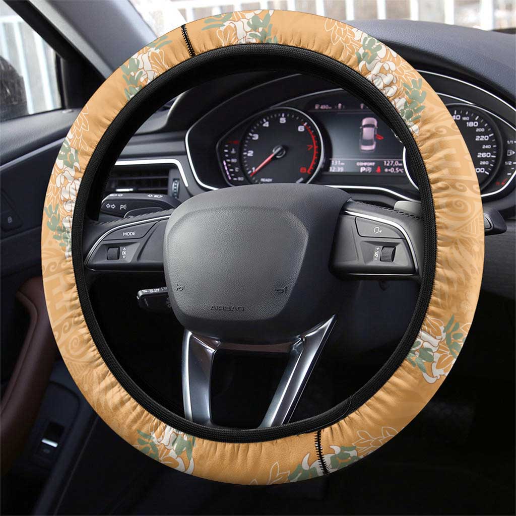 Aloha Pakalana and Puakenikeni Lei Steering Wheel Cover Gold Hawaiian Pattern