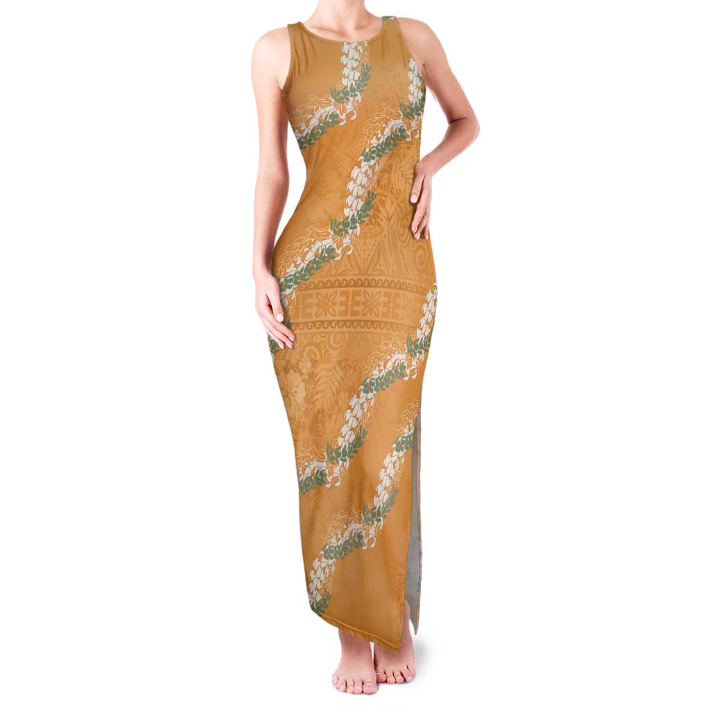 Aloha Pakalana and Puakenikeni Lei Tank Maxi Dress Gold Hawaiian Pattern