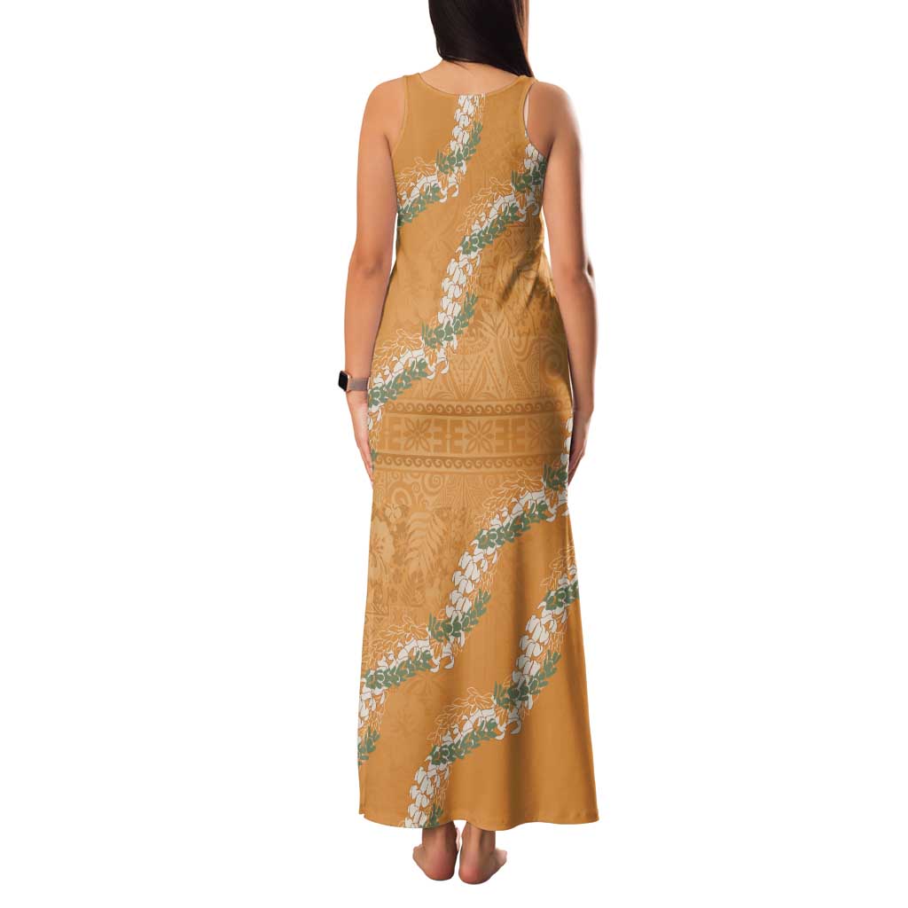 Aloha Pakalana and Puakenikeni Lei Tank Maxi Dress Gold Hawaiian Pattern