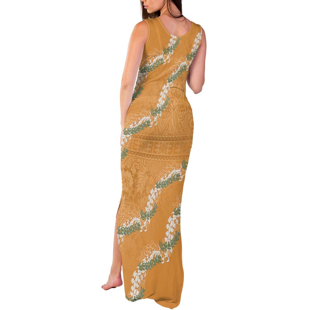 Aloha Pakalana and Puakenikeni Lei Tank Maxi Dress Gold Hawaiian Pattern