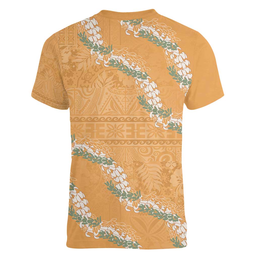 Aloha Pakalana and Puakenikeni Lei Women V-Neck T-Shirt Gold Hawaiian Pattern