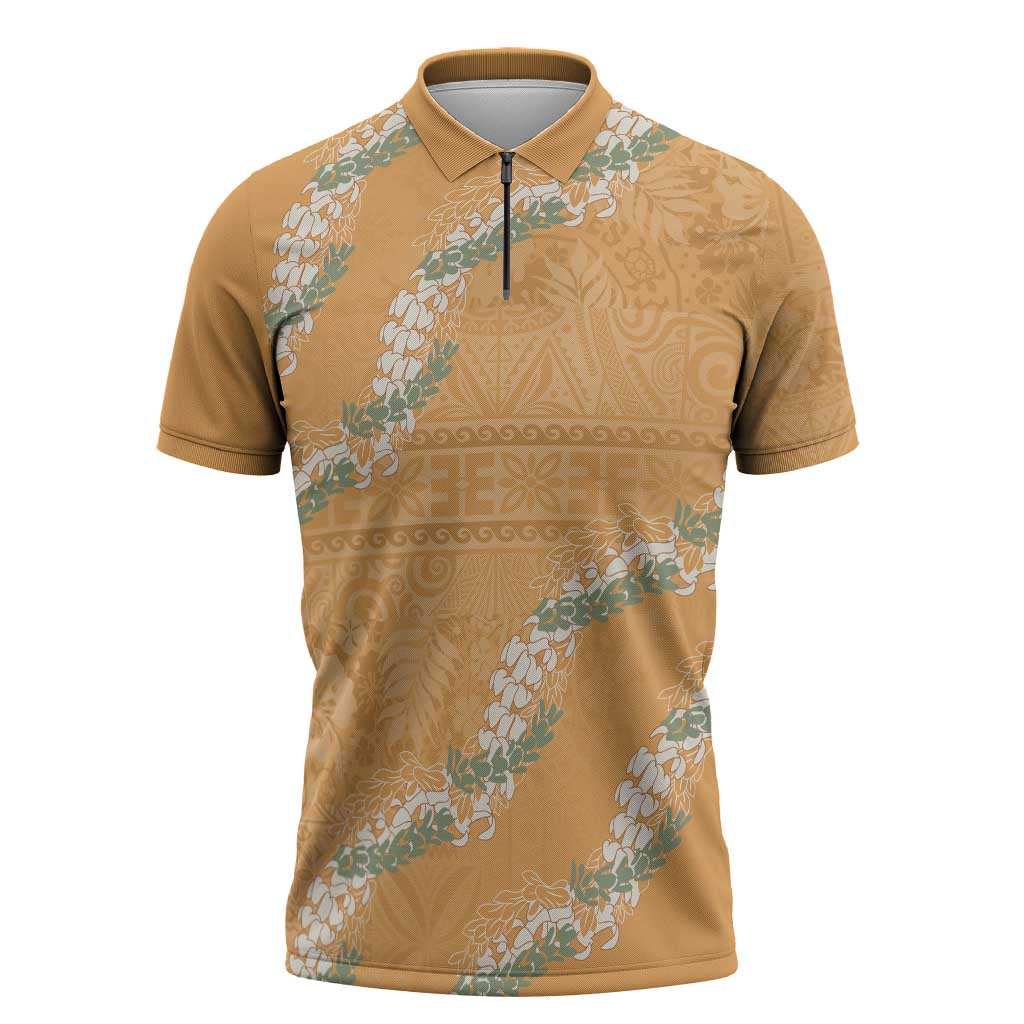 Aloha Pakalana and Puakenikeni Lei Zipper Polo Shirt Gold Hawaiian Pattern - Polynesian Pride