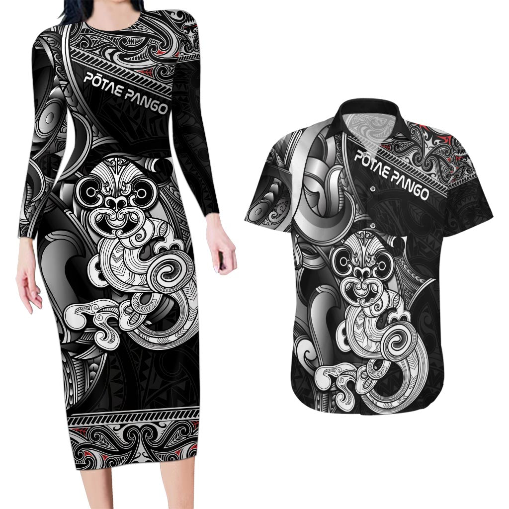 Personalised New Zealand Potae Pango Cricket Couples Matching Long Sleeve Bodycon Dress and Hawaiian Shirt Special Maori Hei Tiki Tribal Tattoo