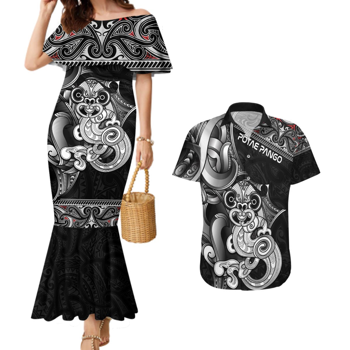 Personalised New Zealand Potae Pango Cricket Couples Matching Mermaid Dress and Hawaiian Shirt Special Maori Hei Tiki Tribal Tattoo