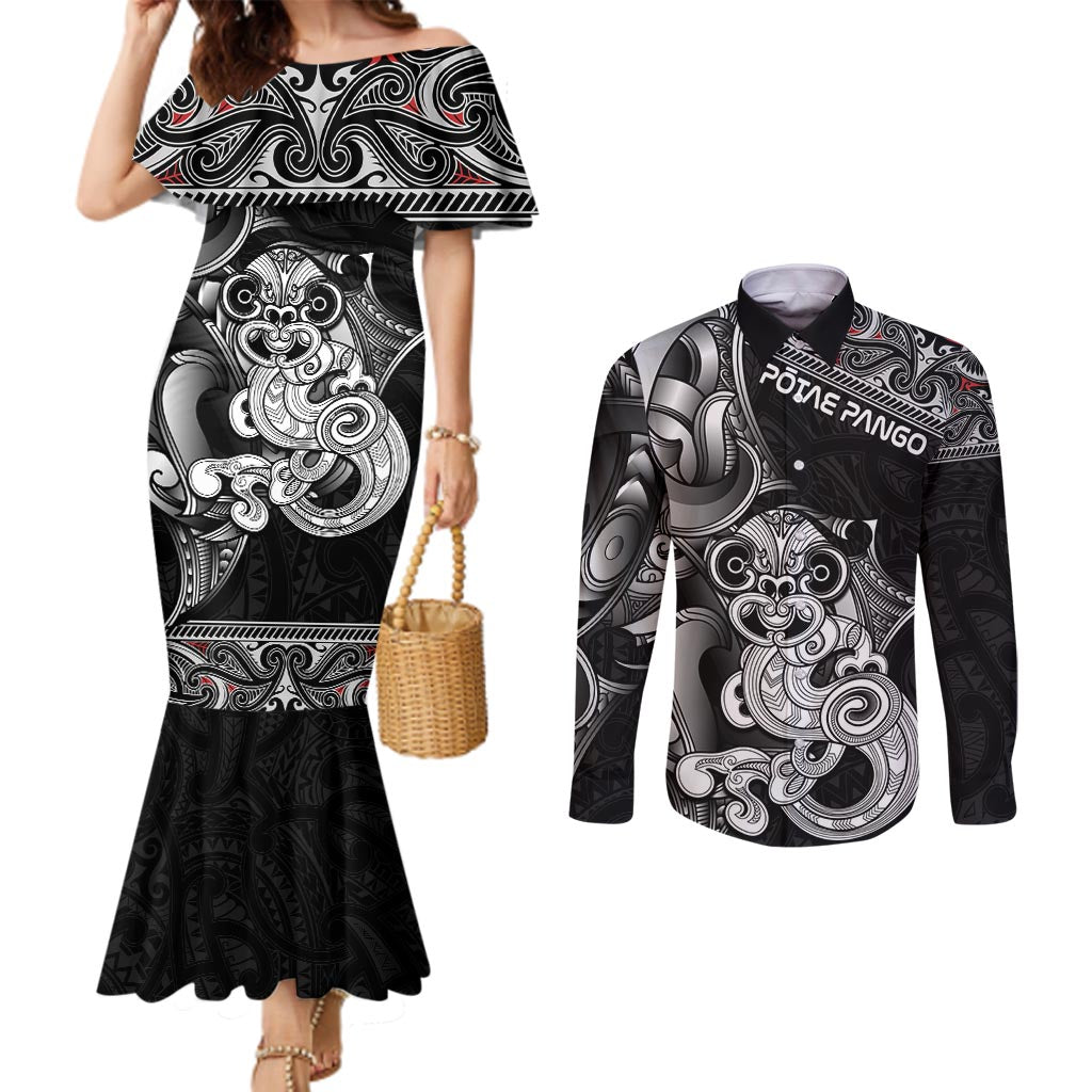 Personalised New Zealand Potae Pango Cricket Couples Matching Mermaid Dress and Long Sleeve Button Shirt Special Maori Hei Tiki Tribal Tattoo