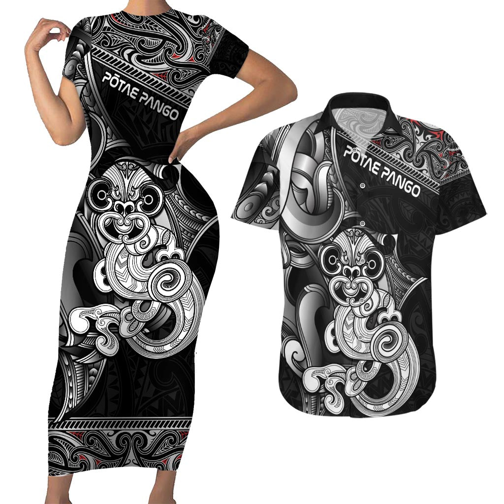 Personalised New Zealand Potae Pango Cricket Couples Matching Short Sleeve Bodycon Dress and Hawaiian Shirt Special Maori Hei Tiki Tribal Tattoo