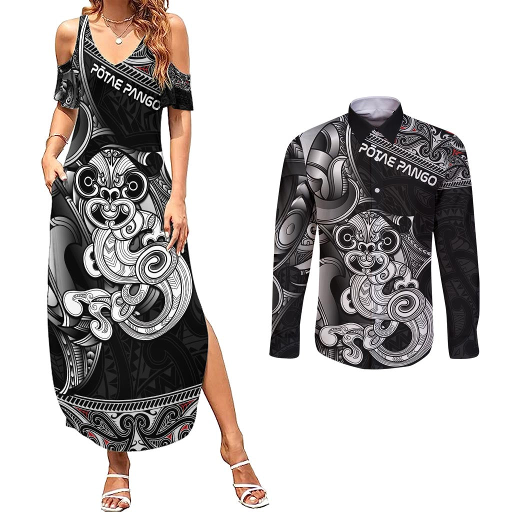 Personalised New Zealand Potae Pango Cricket Couples Matching Summer Maxi Dress and Long Sleeve Button Shirt Special Maori Hei Tiki Tribal Tattoo