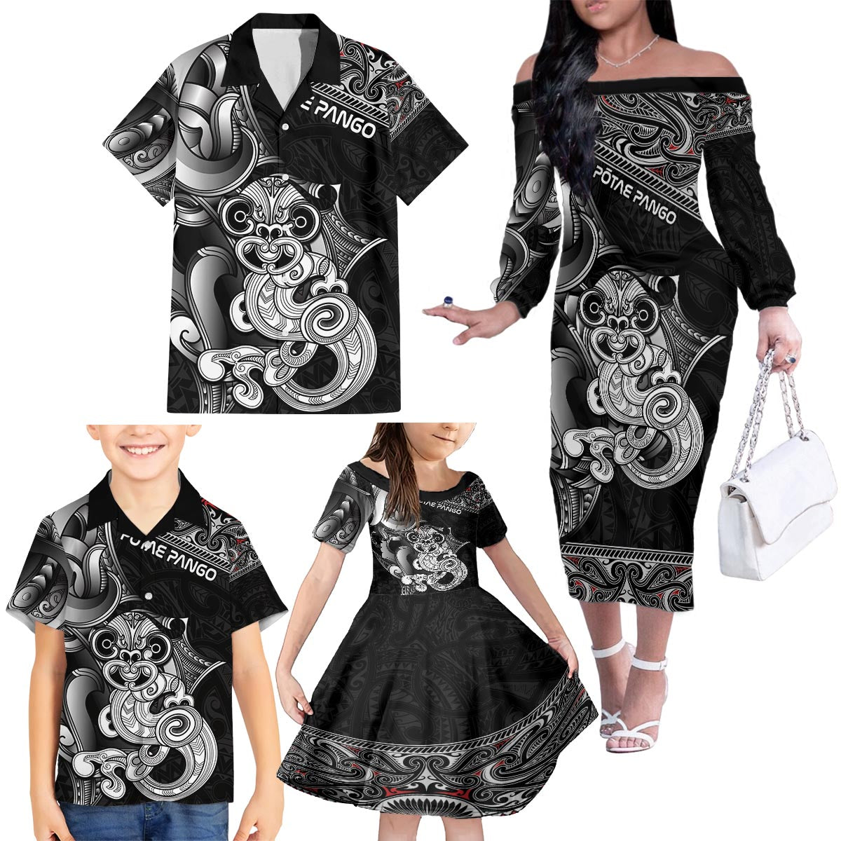 Personalised New Zealand Potae Pango Cricket Family Matching Off The Shoulder Long Sleeve Dress and Hawaiian Shirt Special Maori Hei Tiki Tribal Tattoo