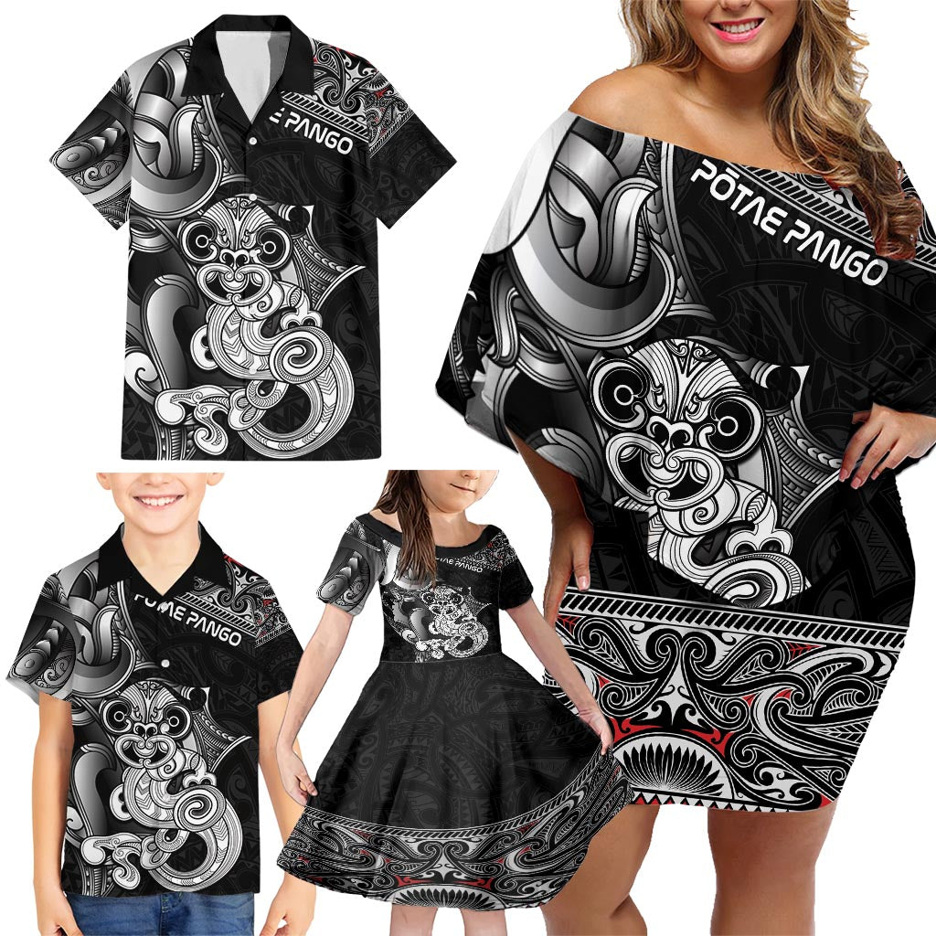 Personalised New Zealand Potae Pango Cricket Family Matching Off Shoulder Short Dress and Hawaiian Shirt Special Maori Hei Tiki Tribal Tattoo