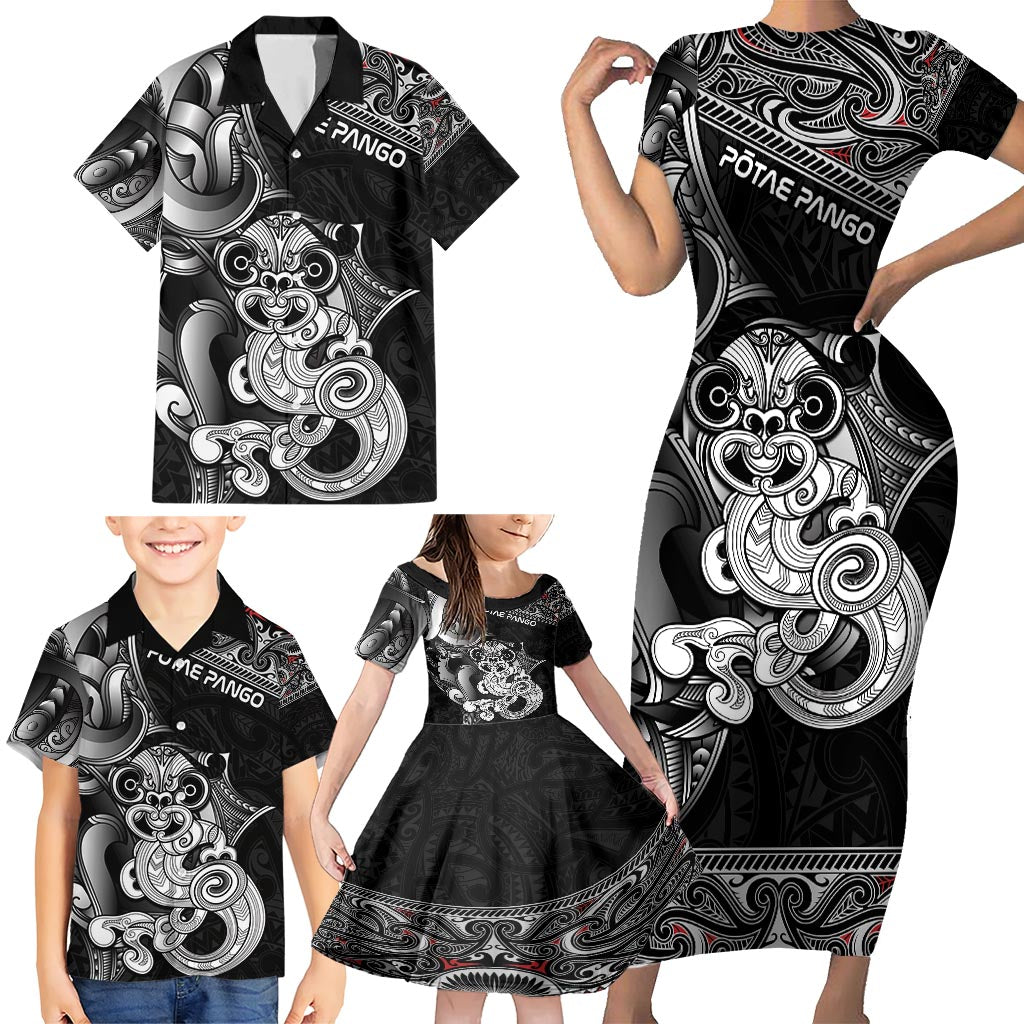 Personalised New Zealand Potae Pango Cricket Family Matching Short Sleeve Bodycon Dress and Hawaiian Shirt Special Maori Hei Tiki Tribal Tattoo