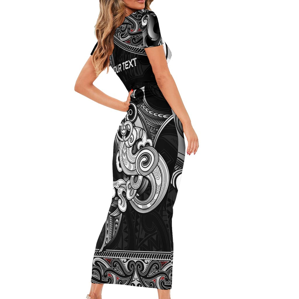 Personalised New Zealand Potae Pango Cricket Short Sleeve Bodycon Dress Special Maori Hei Tiki Tribal Tattoo