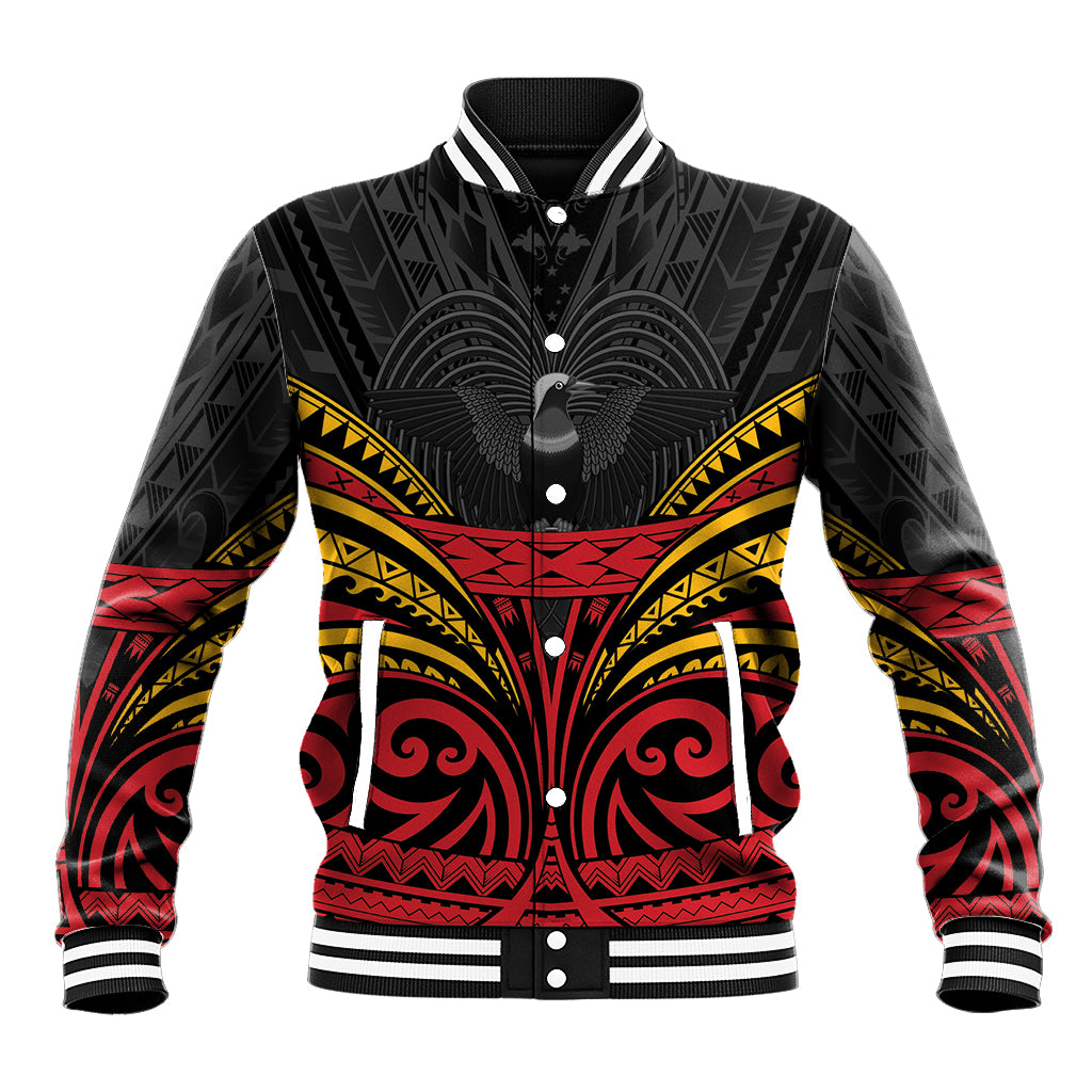 Custom Papua New Guinea Cricket Baseball Jacket PNG Emblem Mix Polyneisan Pattern LT9 Unisex Black - Polynesian Pride